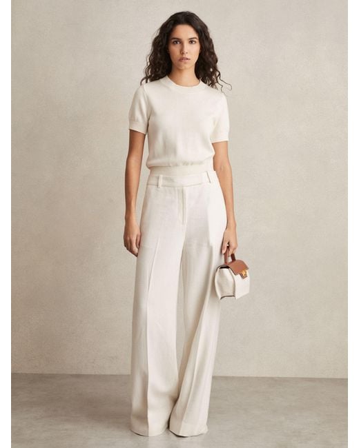 Reiss White Linen-Blend Wide-Leg Trousers
