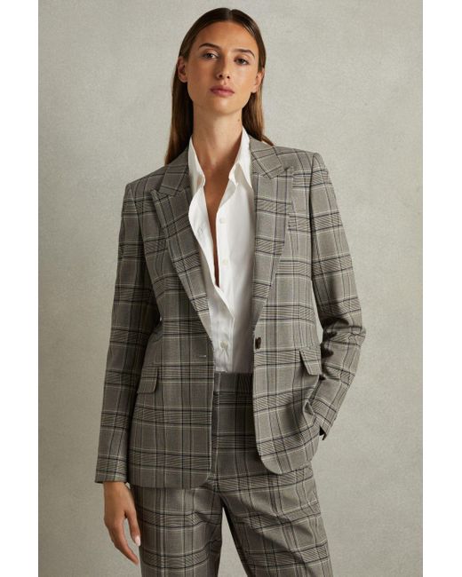 Reiss Brown Tamy - Grey Check Petite Checked Slim Fit Suit Blazer, Us 2