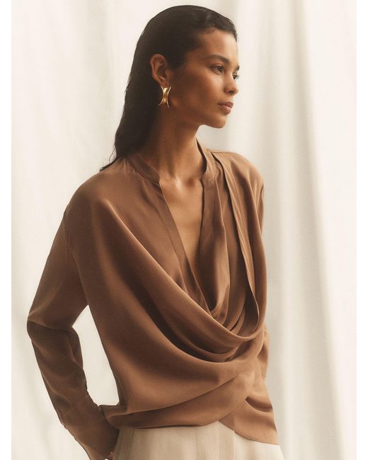 Reiss Brown Matte Silk Draped Shirt