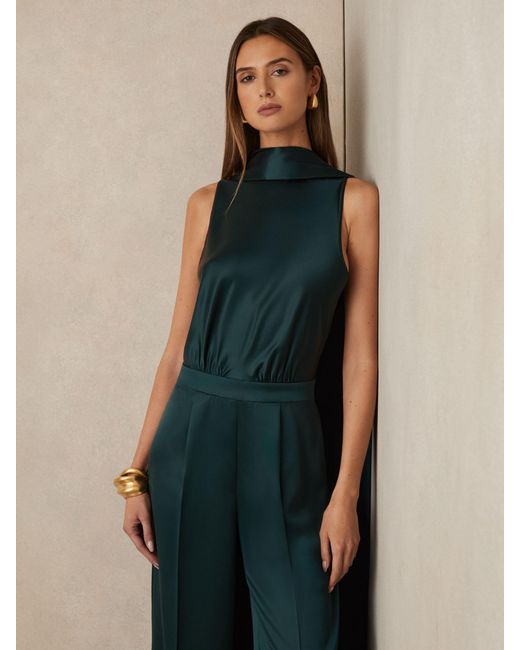 Reiss Farah - Teal Green Satin Cape-sash Jumpsuit, Us 0 | Lyst