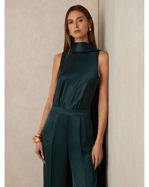 Reiss Farah - Teal Green Satin Cape Sash Jumpsuit, Us 0