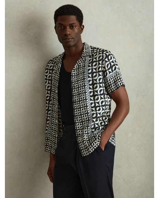 Reiss Black Prentice - Lapis Blue Geometric Print Cuban Collar Shirt, Xs for men
