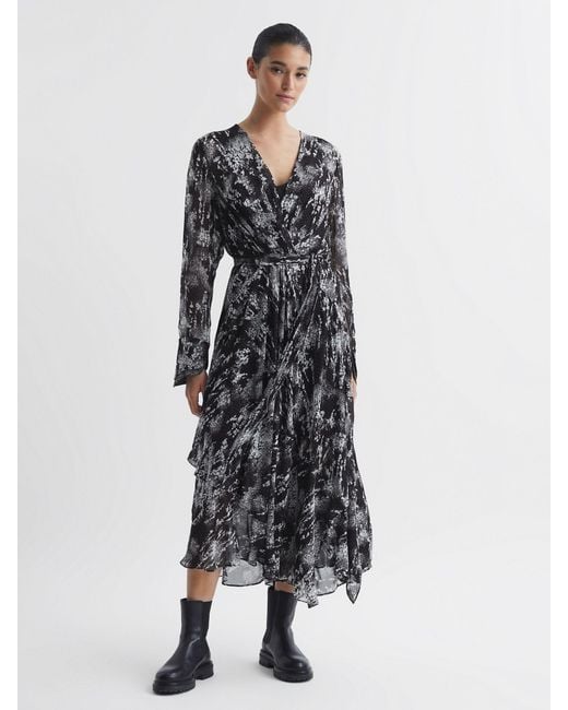 Reiss Callie - Black Belted Ruffle Printed Midi Dress, Us 2
