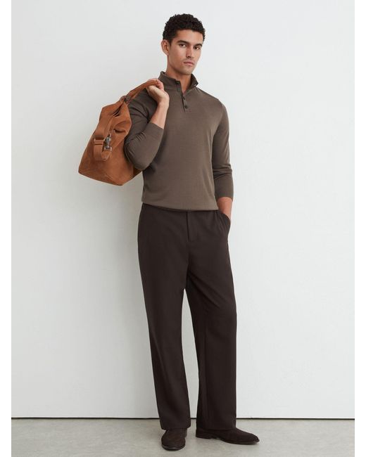 Reiss Brown Merino Wool Funnel-Neck Half-Button Jumper for men