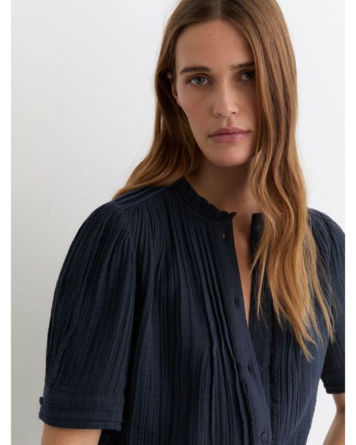 Reiss Blue Cotton Muslin Frill-Neck Top