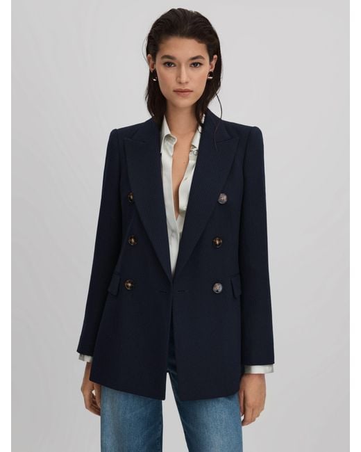 Reiss Blue Tailored Textured Wool Blend Double Breasted Blazer