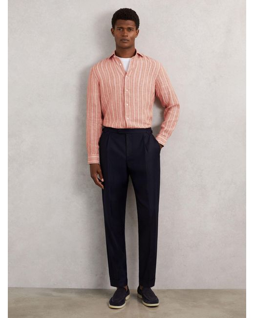Reiss Pink Rose & Bengal Stripe Linen Striped Long Sleeve Shirt for men