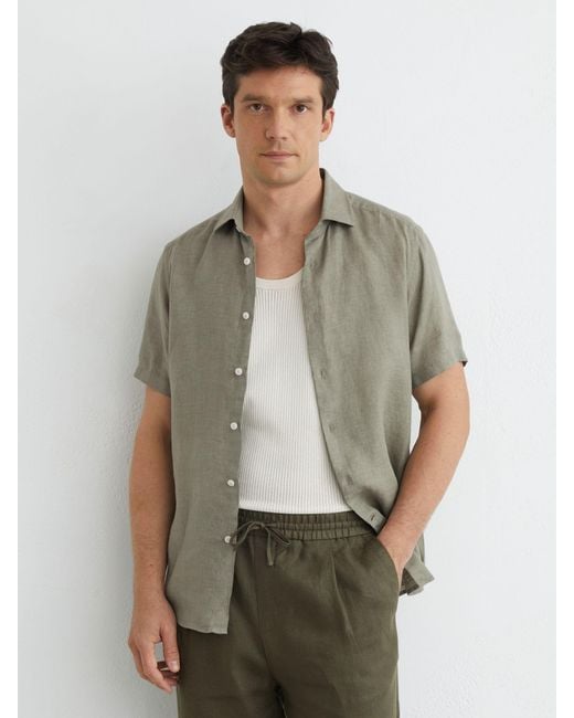 Reiss Green Slim Fit Linen Button-Through Shirt for men