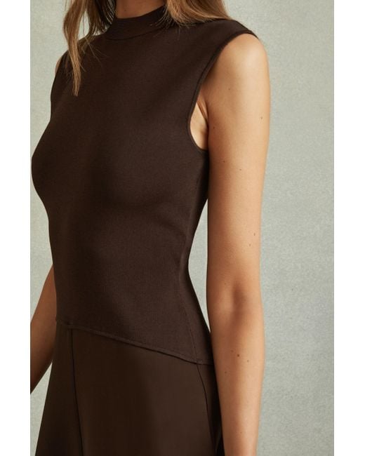 Reiss Brown Lani - Chocolate Hybrid Knit Tie Back Midi Dress, M