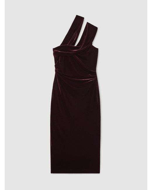 Reiss Black Velvet One-Shoulder Midi Dress