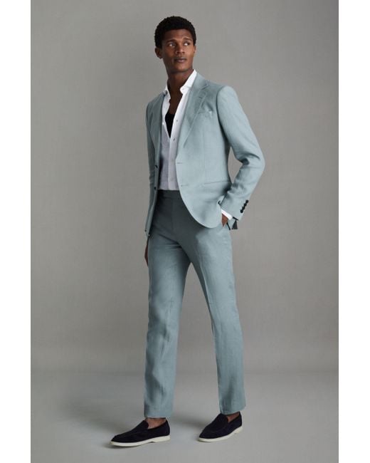 Reiss Kin - Aqua Blue Slim Fit Linen Adjuster Trousers, 38 for men