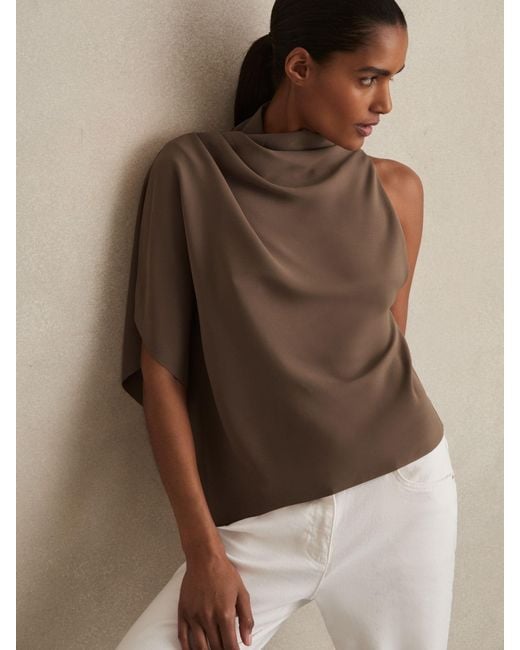 Reiss Brown Elle - Mink One-shoulder Draped Top, Us 6