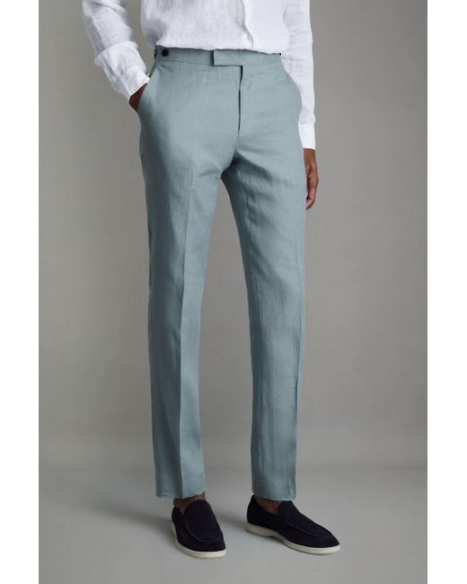 Reiss Kin - Aqua Blue Slim Fit Linen Adjuster Trousers, 38 for men