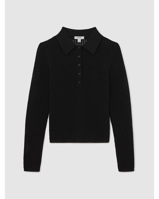 Reiss India - Black Open-knit Long-sleeve Polo Top, L (us 12-14)