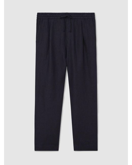 Reiss Blue Linen Relaxed-Fit Drawstring Trousers for men