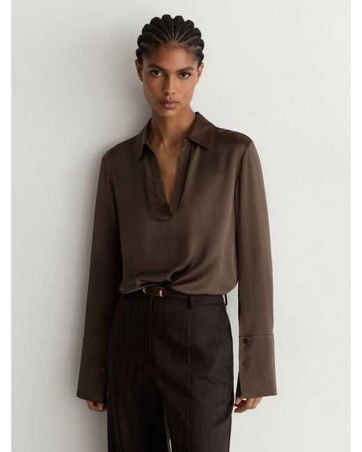 Reiss Brown Silk Open-Collar Blouse