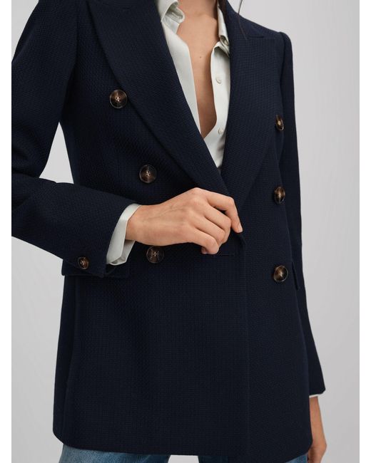 Reiss Blue Tailored Textured Wool Blend Double Breasted Blazer
