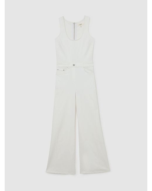 Reiss White Wide-Leg Racer-Back Denim Jumpsuit