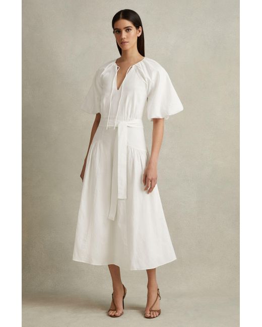 Reiss Natural Alice - White Lyocell Blend Puff Sleeve Midi Dress