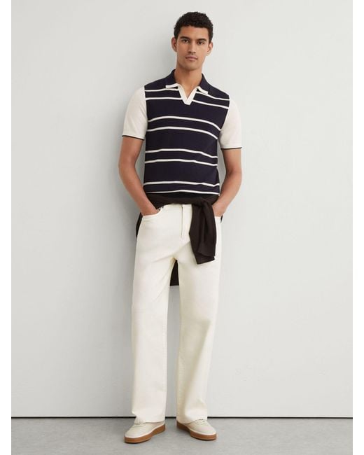 Reiss Blue Merino Wool Striped-Knit Polo Jumper for men
