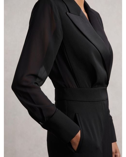 Reiss Black Sheer-Sleeve Tuxedo Jumpsuit