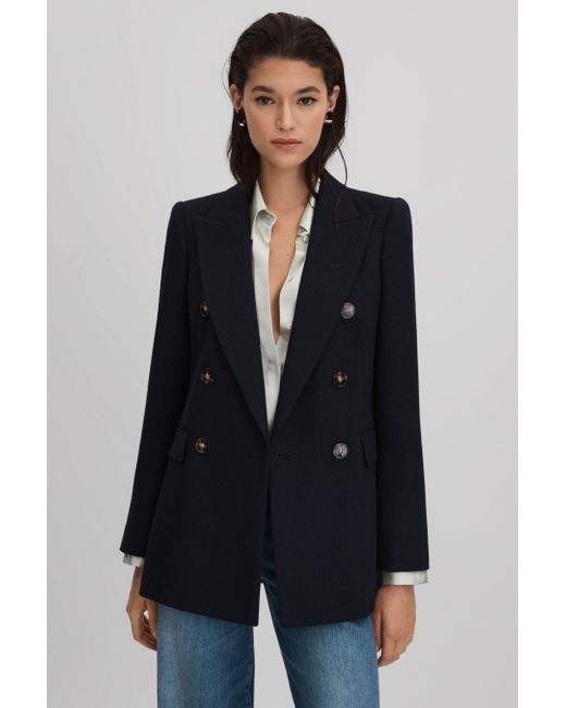 Reiss Blue Lana - Navy Tailored Textured Wool Blend Double Breasted Blazer