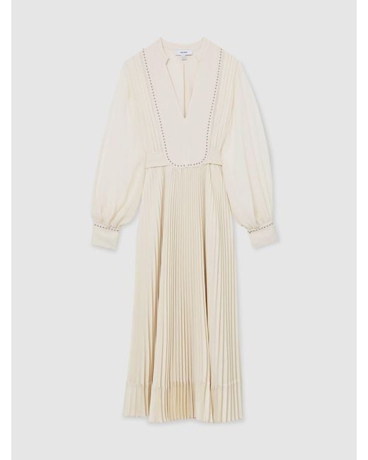 Reiss Natural Stud-Detail Pleated Midi Dress