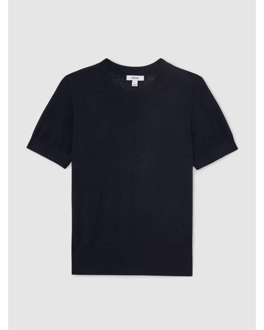 Reiss Blue Livy - Navy Short-sleeve Knitted Top With Linen, M (us 8-10)