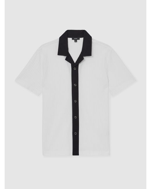 Reiss Natural Aster - White/navy Cotton Textured Colour-block Shirt, Xxl for men