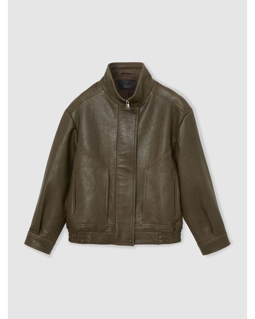 Reiss Brown Kiara - Khaki Green Oversized Grained-leather Bomber Jacket, Us 8