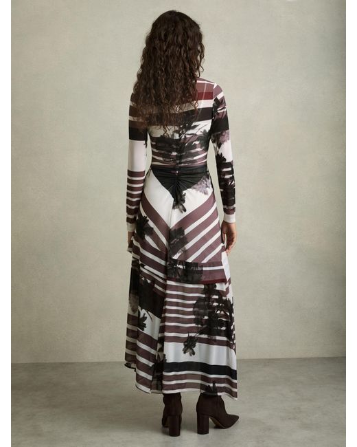 Reiss Natural Burgundy & Abstract Print Ruched Dress