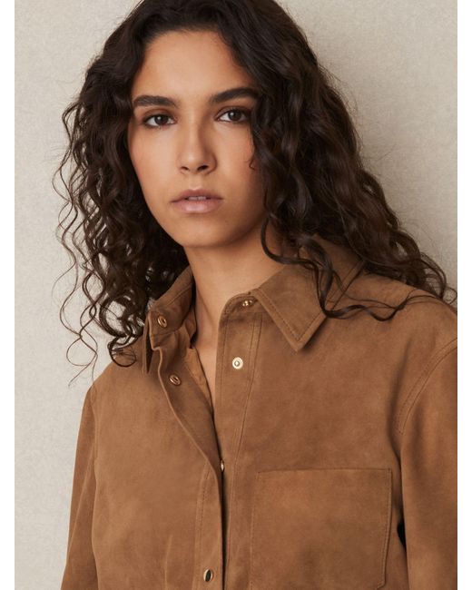 Reiss Brown Connie - Tan Suede Press-stud Cropped Shirt, Us 10