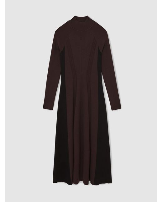 Reiss Zaya - Plum Purple/black Petite Knitted Contrast-panel Midi Dress, L (us 12-14)