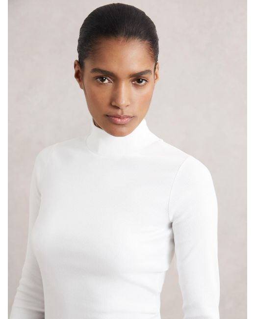 Reiss White Stretch-Cotton Funnel-Neck Top