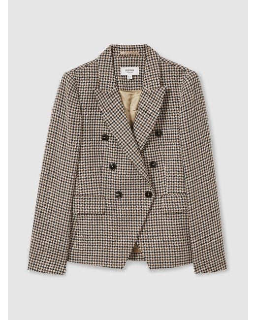 Reiss Natural Cotton-Linen Double-Breasted Houndstooth-Check Blazer
