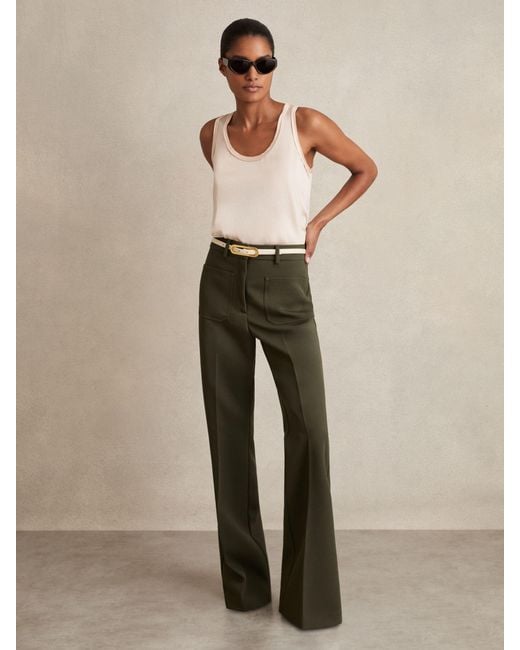 Reiss Natural Priya - Green Twill Patch-pocket Flared Trousers, Us 10 Regular