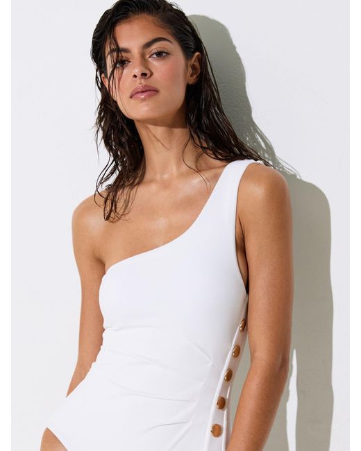 Reiss White One-Shoulder Button-Detail Swimsuit