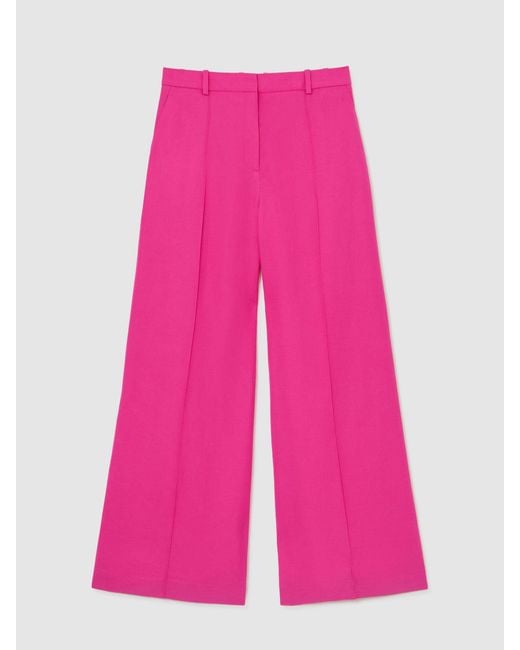 Reiss Pink Wide-Leg Pintuck Trousers With Linen