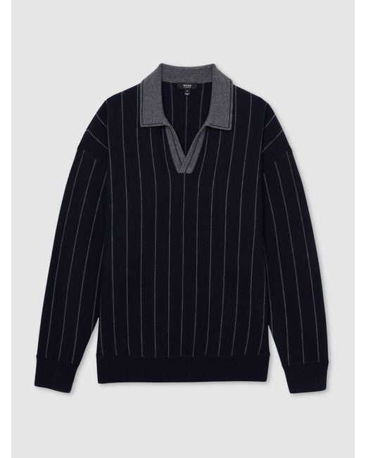 Reiss Blue Winslow - Navy Wool Open-collar Stripe Polo Shirt, M for men