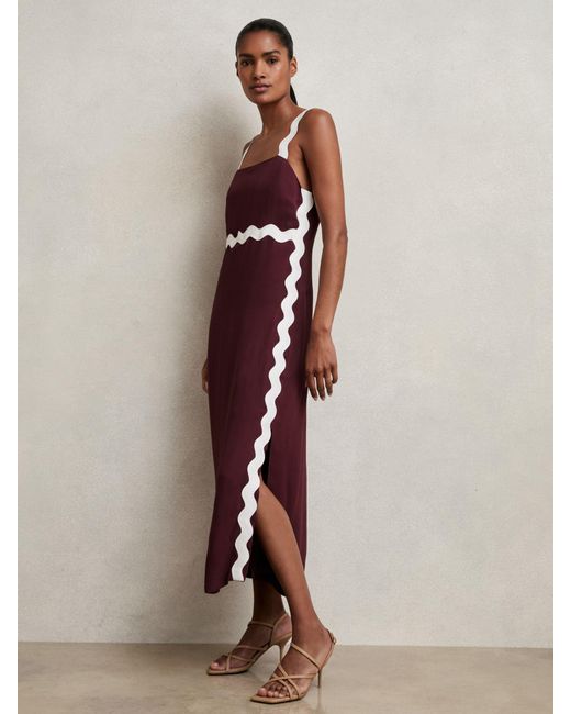Reiss Natural Burgundy & Wave-Trim Crepe Midi Dress