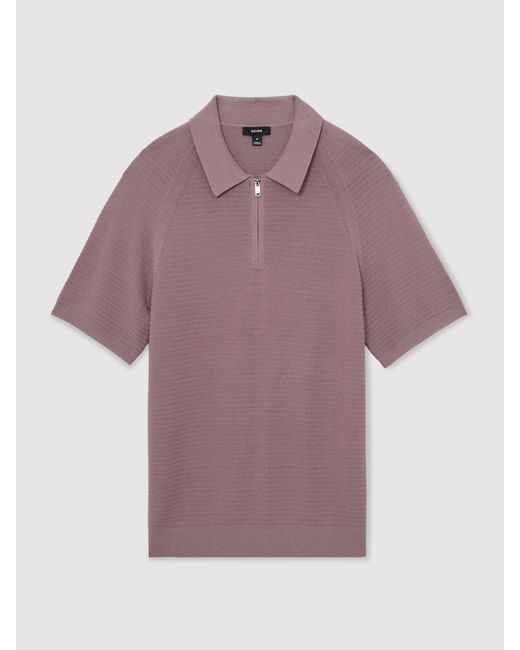 Reiss Purple Textured-Knit Half-Zip Polo Shirt for men