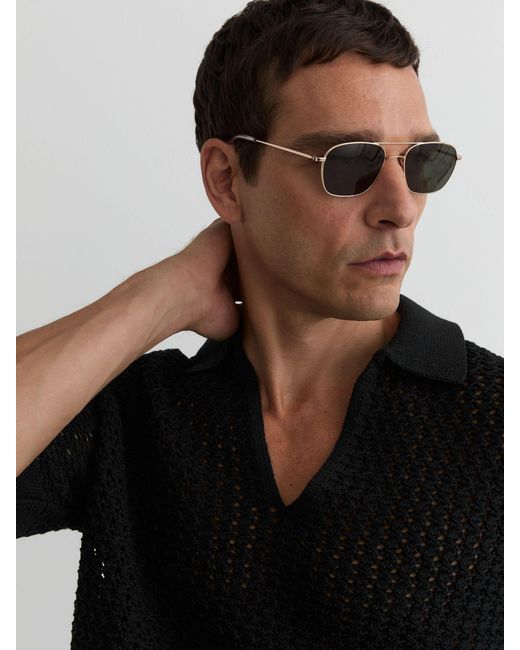 Reiss Black Crochet Open-Collar Polo Shirt for men