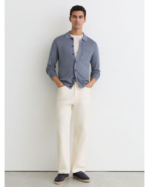Reiss Blue Linen Button-Through Collared Cardigan for men