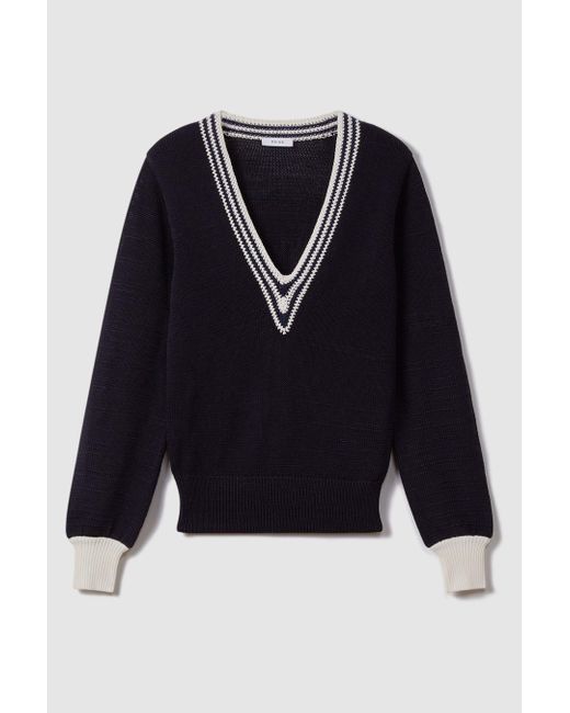 Reiss Black Tammy - Navy/white Crochet V-neck Jumper