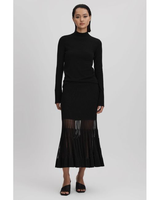 Reiss Tilly - Black Knitted Sheer Flared Midi Skirt, S