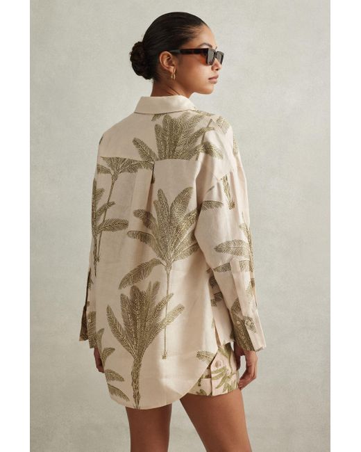 Reiss Brown Oskia - Neutral Linen Tropical Print Shirt