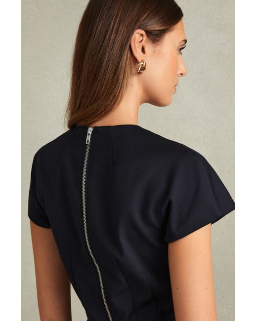 Reiss Blue Wool Textured Cap Sleeve Midi Dress