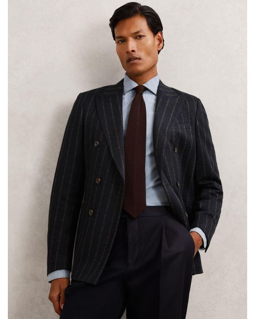 Reiss Blue Double-Breasted Chalk-Stripe Blazer Tailored-Fit With Wool for men