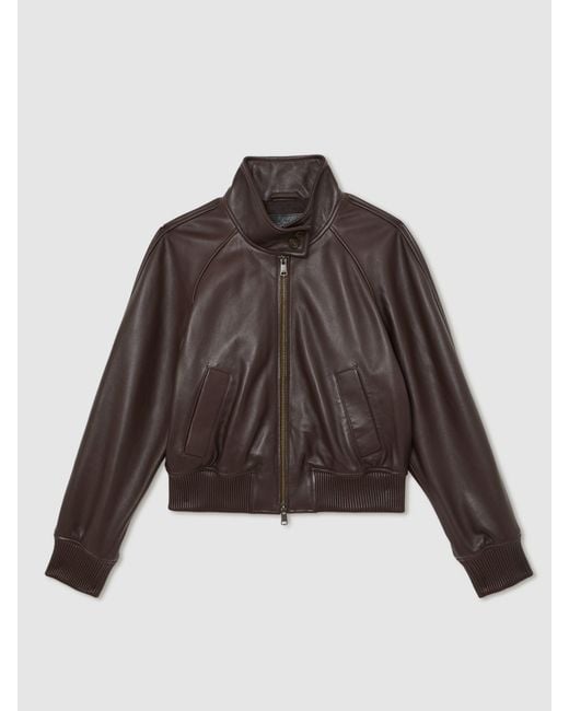 Reiss Black Eloise - Chocolate Brown Leather Funnel-neck Bomber Jacket, Us 6