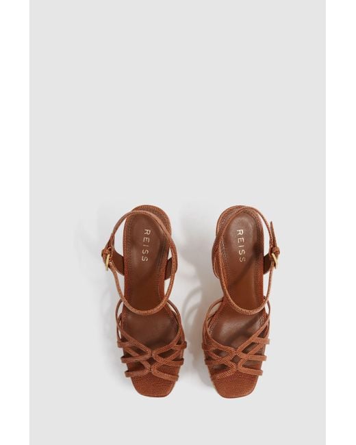 Reiss Natural Elle - Tan Leather Raffia Platform Wedge Heels, Us 7.5